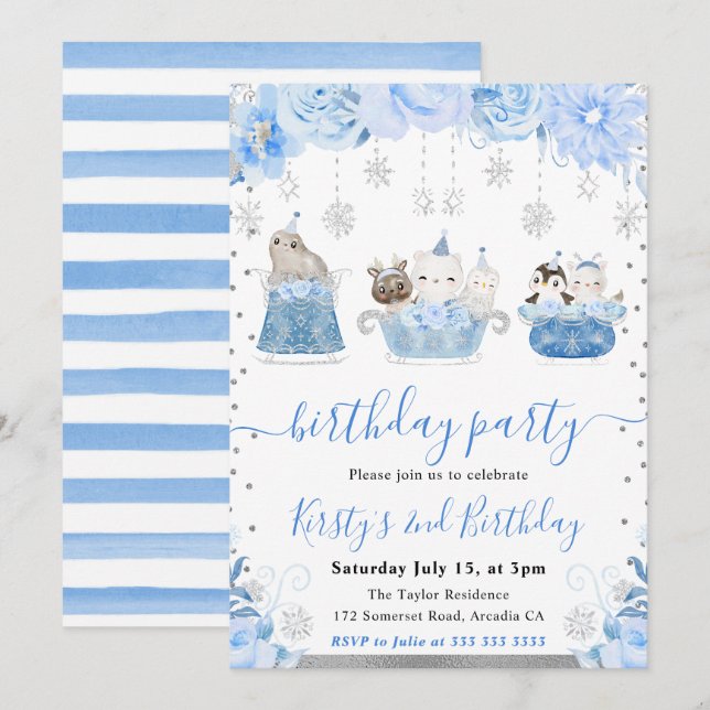 Invitation Watercolor Floral Arctic Animals Birthday (Devant / Derrière)