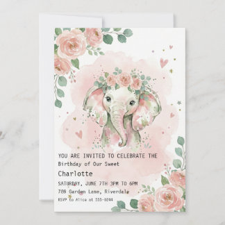 Invitation Watercolor Floral Elephant Girl Birthday