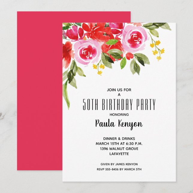 Invitation Watercolor Floral fête d'anniversaire (Devant / Derrière)