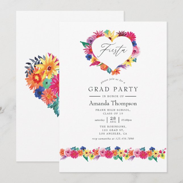 Invitation Watercolor Floral Fiesta Graduation Party (Devant / Derrière)