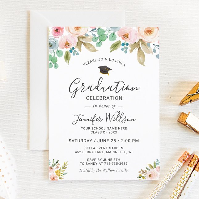 Invitation Watercolor Floral Girly Photo Graduation Party (Créateur téléchargé)