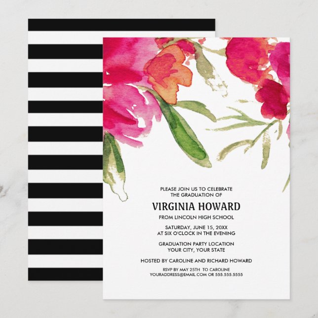 Invitation Watercolor Floral Graduation Party (Devant / Derrière)