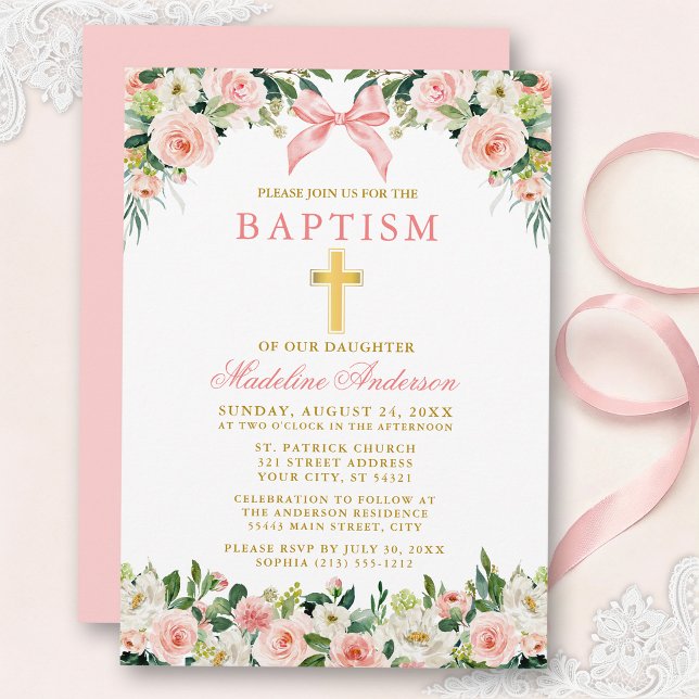 Invitation Watercolor Floral Pink Bow Gold Baptism (Customize to change text color, size, style or to change color of back of card.)