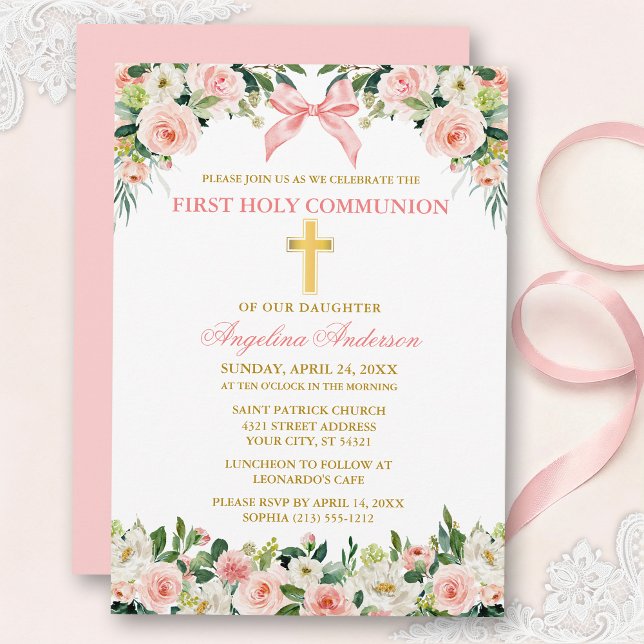 Invitation Watercolor Floral Pink Bow Gold Communion (Customize to change text color, size, style or to change color of back of card.)