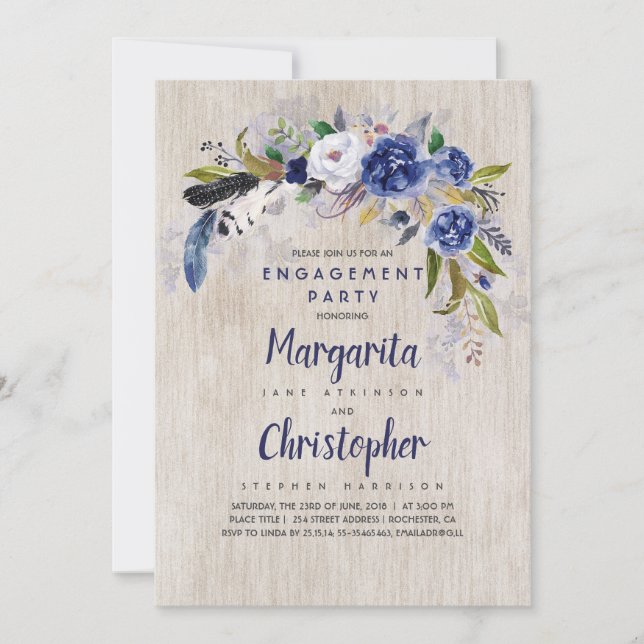 Invitation Watercolor Floral Rustic Navy (Devant)