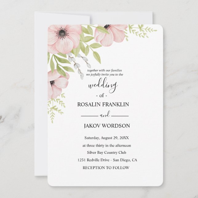Invitation watercolor floral rustic wedding  (Devant)