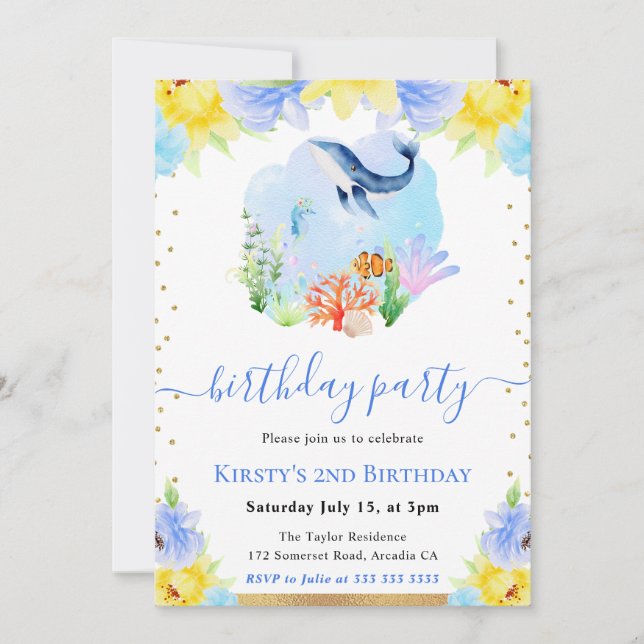 Invitation Watercolor Floral sous-marin Baleine fête d'annive (Devant)
