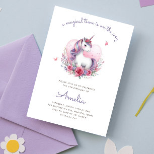 Invitation Watercolor Floral Unicorn Magique fête d'anniversa