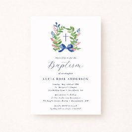 Invitation Watercolor Foliage Wreath Blue Bow Baptism 