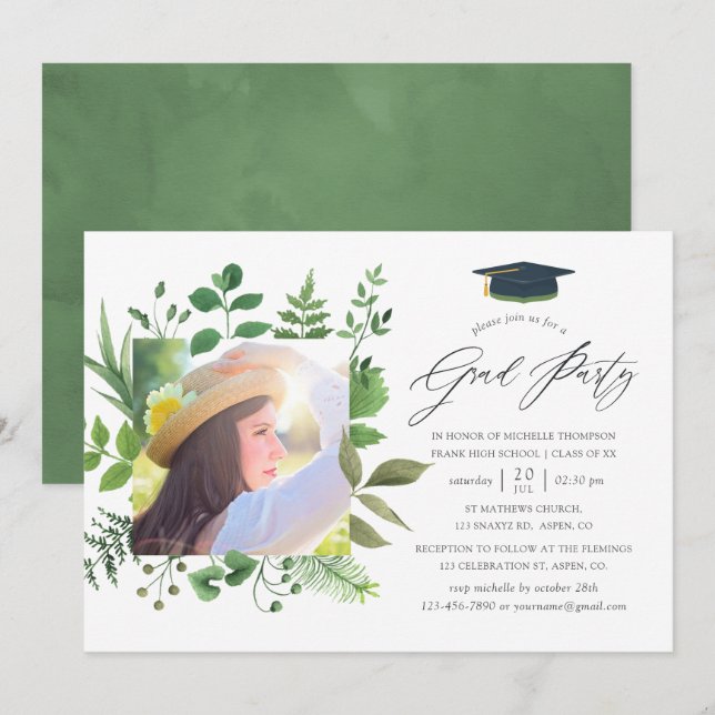 Invitation Watercolor Forest Green Graduation Party (Devant / Derrière)