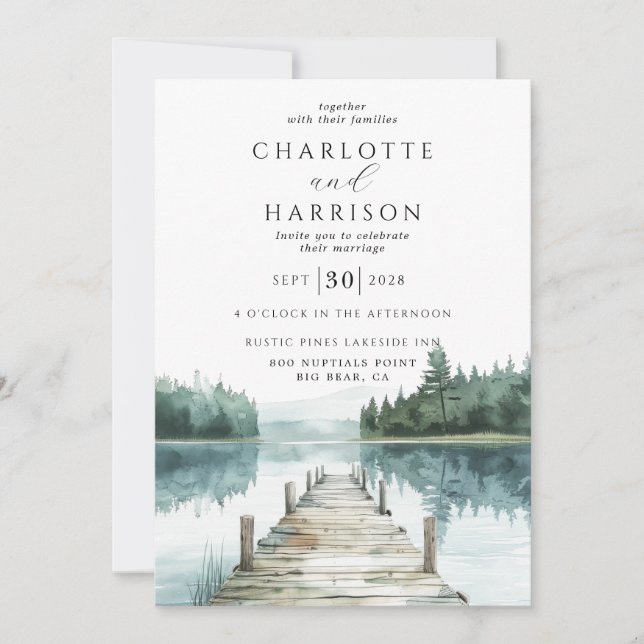 Invitation Watercolor Forest Mountain Lake Mariage (Devant)
