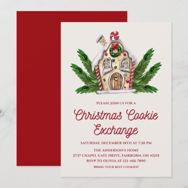 Invitation Watercolor Gingerbread House Cookie Exchange Party (Devant / Derrière)