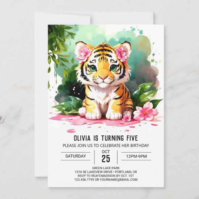 Invitation Watercolor Girl Tiger Custom Anniversaire (Devant)