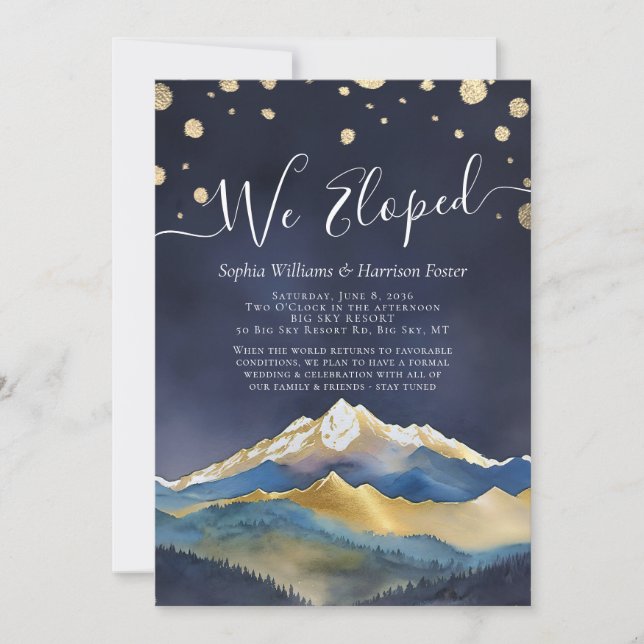 Invitation Watercolor Gold Mountains Photo Mariage Elopement (Devant)