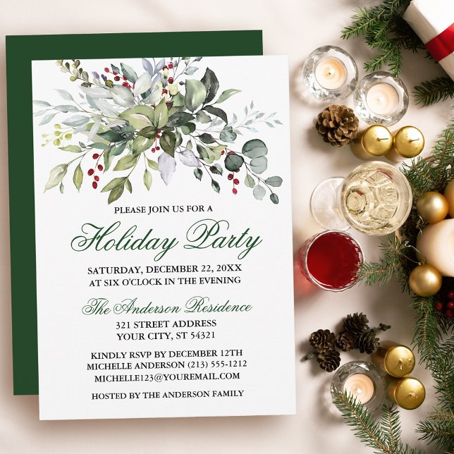 Invitation Watercolor Green Berries Fête de Vacances (Customize to change text color, size, style or to change color of back of card.)