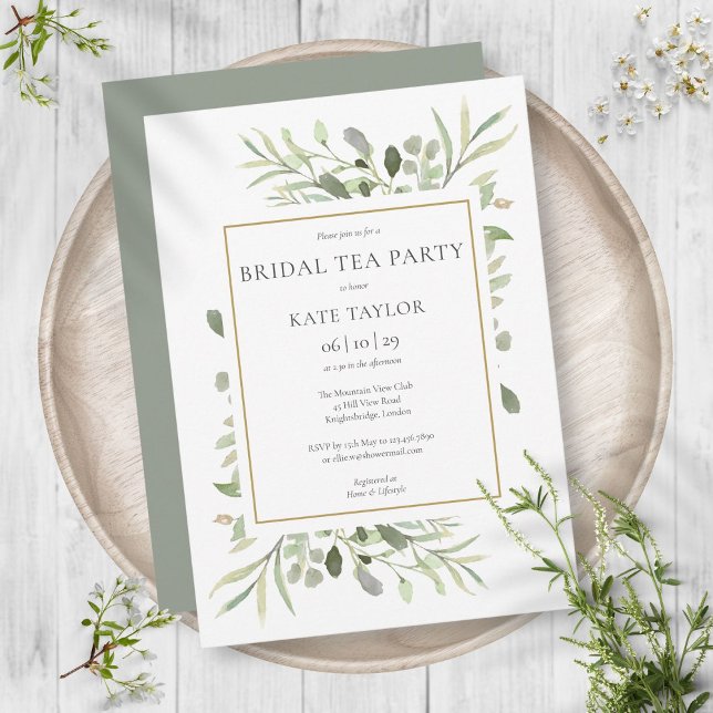 Invitation Watercolor Green Chic Gold Bridal Tea Party (Watercolor Greenery Chic Gold Bridal Tea Party Invitation)