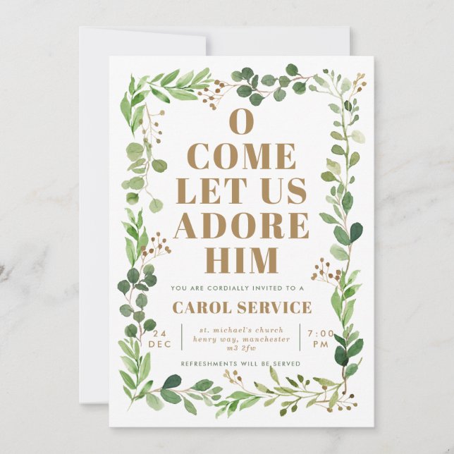 Invitation Watercolor Green Church Christmas Carol Service (Devant)