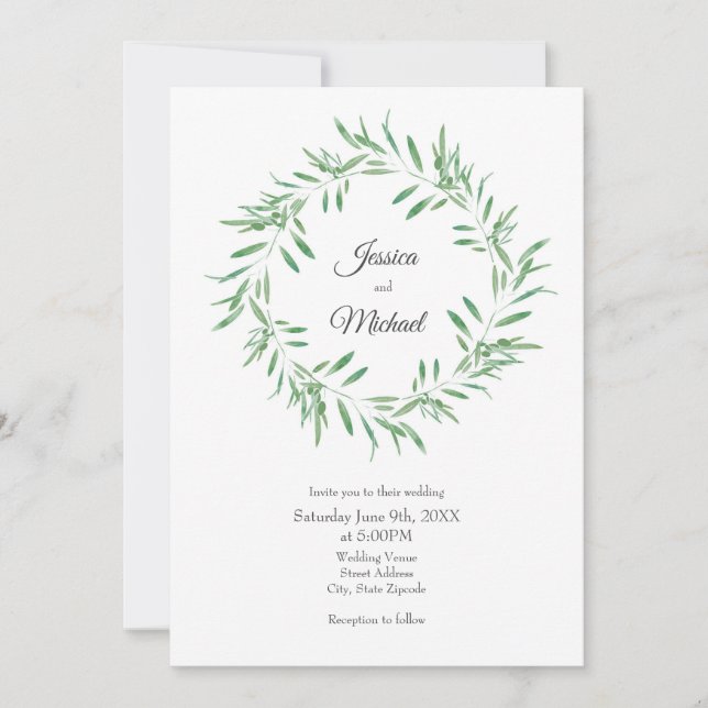 Invitation Watercolor Green Olive Wreath (Devant)