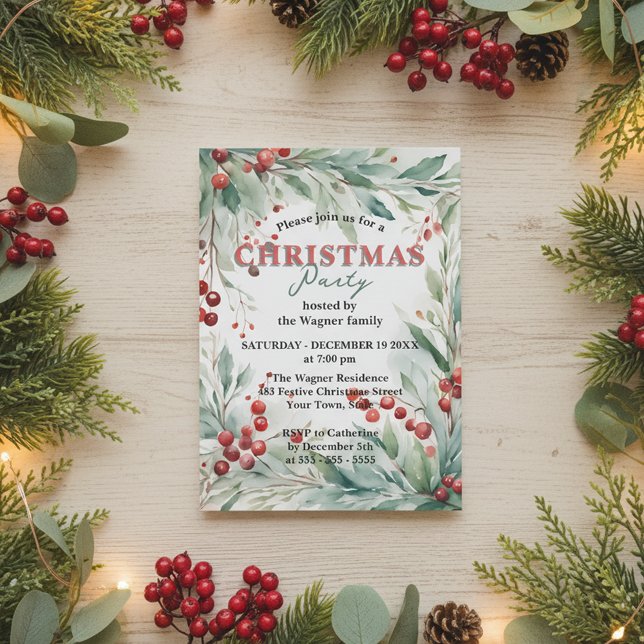 Invitation Watercolor Greenery & Red Berries Christmas Party  (Créateur téléchargé)