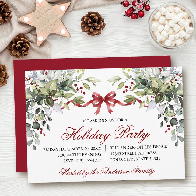 Invitation Watercolor Greenery Red Bow Holiday Party (Customize to change text size, color, style or to change color of back of card.)