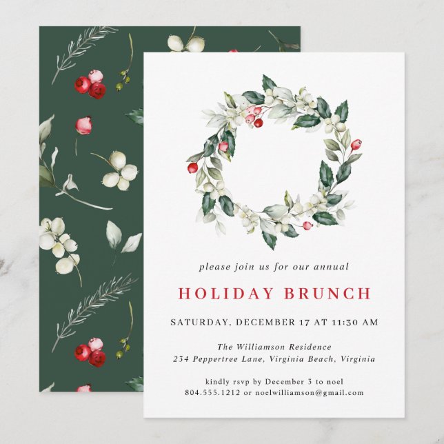 Invitation Watercolor Holiday Wreath Noël Holiday Brunch (Devant / Derrière)