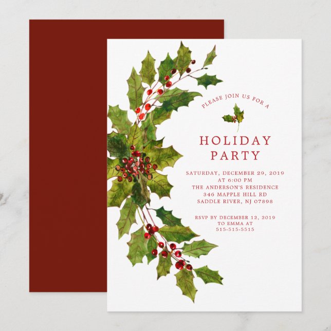 Invitation Watercolor Holly Berry Fête de Noël (Devant / Derrière)