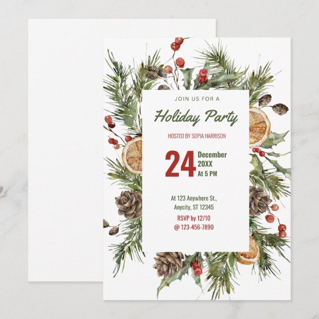 Invitation Watercolor Holly et Pine Holiday Party (Devant / Derrière)