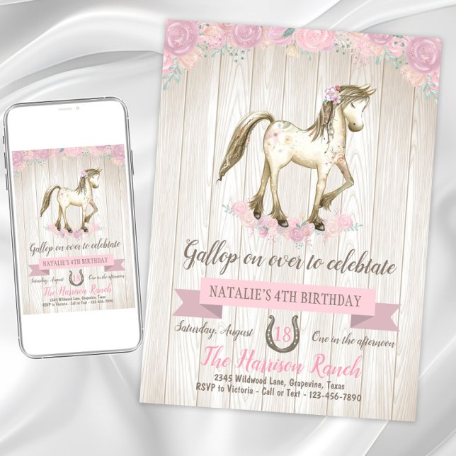 Invitation Watercolor Horse fête d'anniversaire (Cute pony birthday party invitation. Instant download and printed invitations available.)