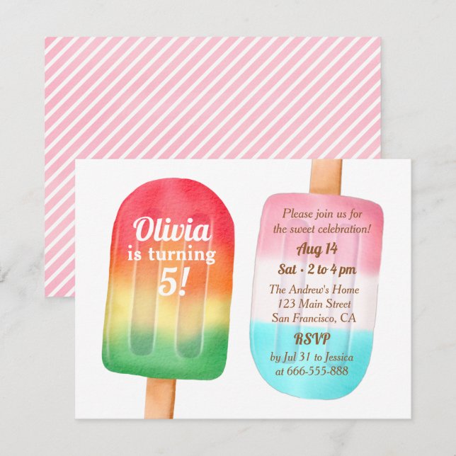 Invitation Watercolor Ice Cream Girls Anniversaire Fête (Devant / Derrière)