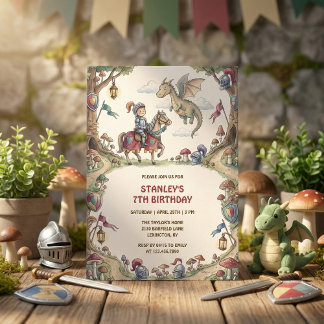 Invitation Watercolor Knight Dragon Fairytale Boy Birthday