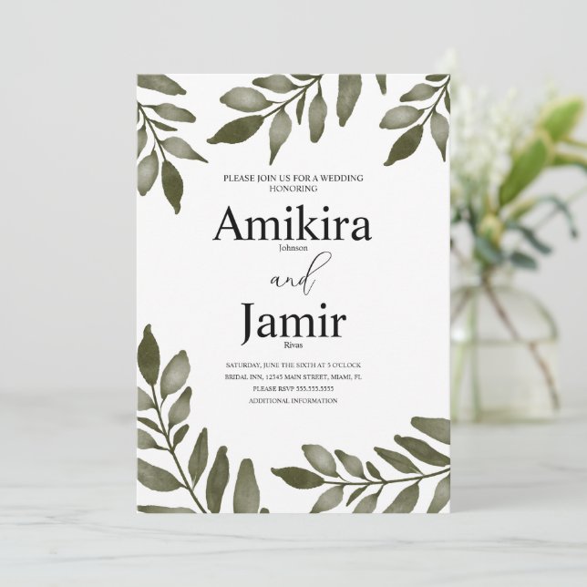 Invitation Watercolor Leaf Branche Verdure Mariage simple (Debout devant)