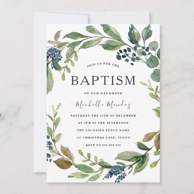 Invitation Watercolor Leaf Wreath Moderne Baptême Christening (Devant)