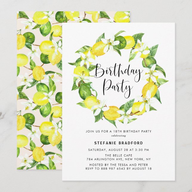 Invitation Watercolor Lemon Blossom Wreath fête d'anniversair (Devant / Derrière)