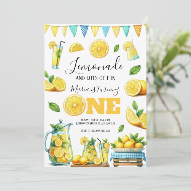 Invitation Watercolor Lemonade Stand 1ère fête d'anniversaire (Debout devant)