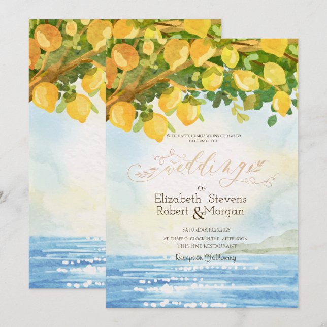 Invitation Watercolor Lemons Ocean Mariage (Devant / Derrière)