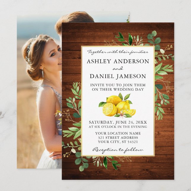 Invitation Watercolor Lemons Photo Mariage bois (Devant / Derrière)