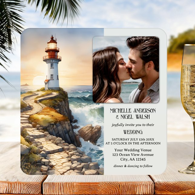 Invitation Watercolor Lighthouse Beach Wedding (Coastal wedding invitation featuring your photo on a watercolor painting of a lighthouse at sunset)