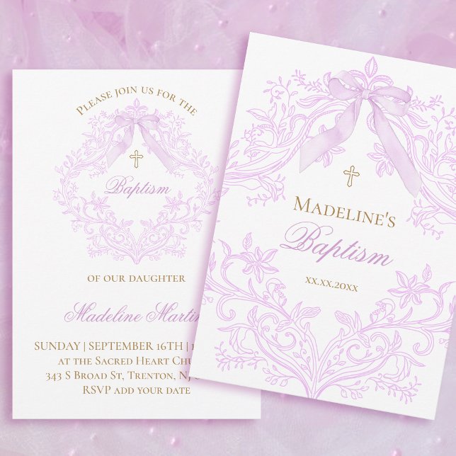 Invitation  watercolor lilac bow Baptism (Créateur téléchargé)