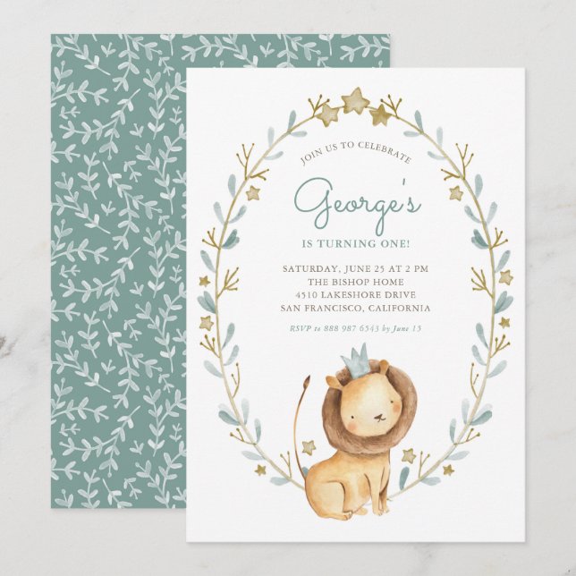 Invitation Watercolor Lion Prince Wreath fête d'anniversaire (Devant / Derrière)