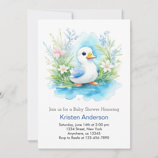 Invitation Watercolor Little Duck Boy Baby shower (Devant)
