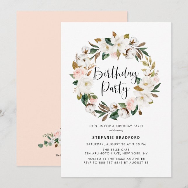 Invitation Watercolor Magnolia Cotton Wreath fête d'anniversa (Devant / Derrière)