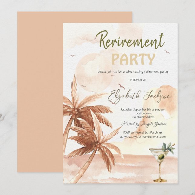 Invitation Watercolor Martini Glass Rustic Palms Retirement  (Devant / Derrière)
