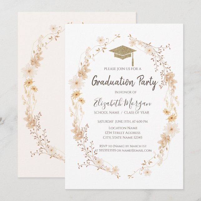 Invitation Watercolor Meadow Flowers Glitter Cap Graduation  (Devant / Derrière)