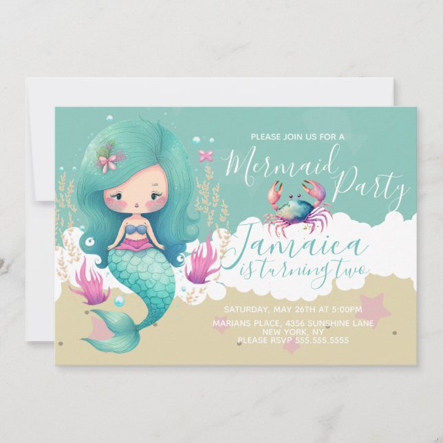Invitation Watercolor Mermaid Ocean Beach fête d'anniversaire (Devant)