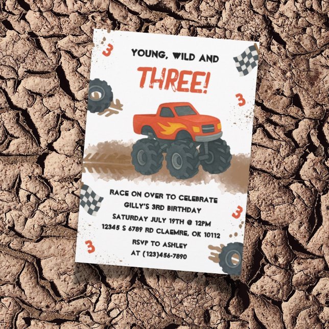 Invitation Watercolor Monster Camion 3e anniversaire Invitati (Monster Truck invite design shown with mud and tire track details, perfect for a 3rd birthday!)