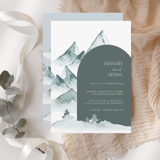Invitation Watercolor Mountain Green Winter Wedding (Créateur téléchargé)