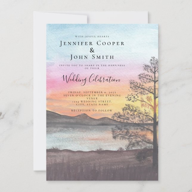Invitation Watercolor Mountain Lake Voir le Mariage (Devant)