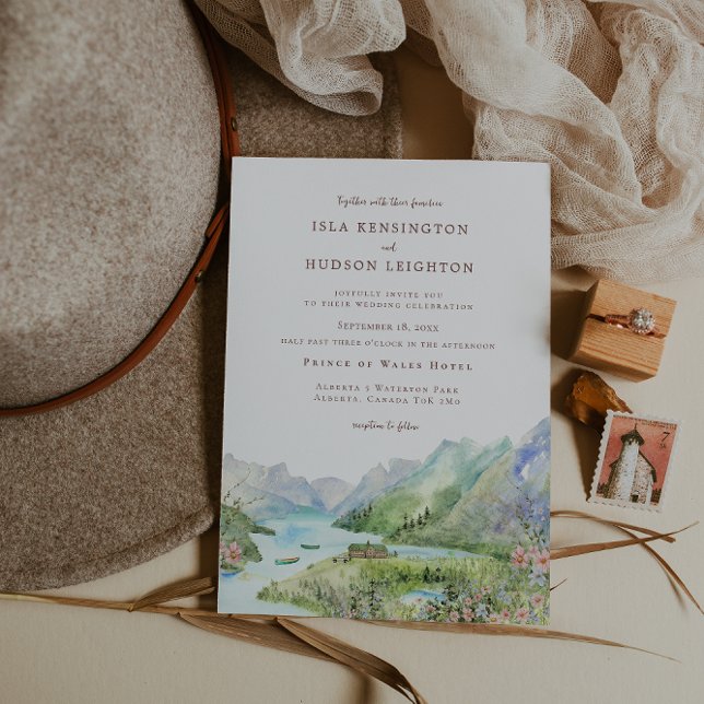 Invitation Watercolor Mountain | Waterton Lakes Wedding (Créateur téléchargé)