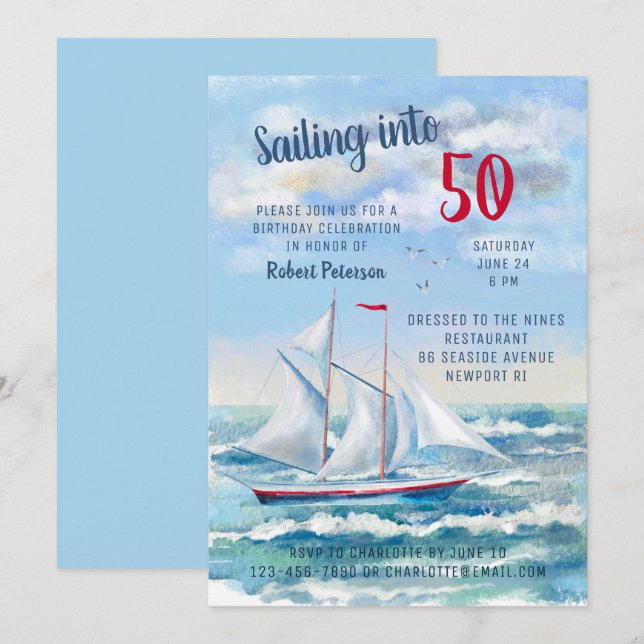 Invitation Watercolor Nautical Sailing Yacht 50e anniversaire (Devant / Derrière)