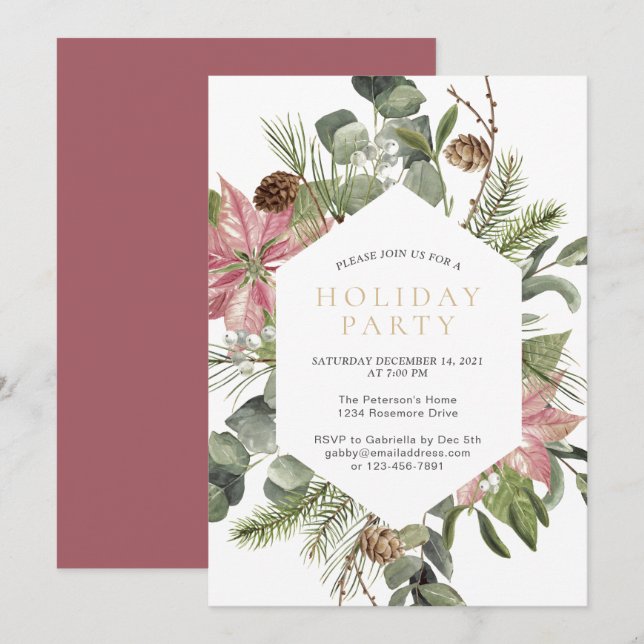 Invitation Watercolor Noël Wreath Gold Fête (Devant / Derrière)